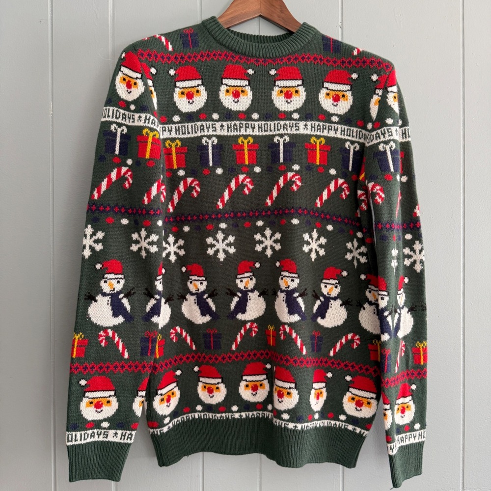 H&M Divided Mens Christmas Sweater  Novelty Medium Green Santa Snowman Ugly